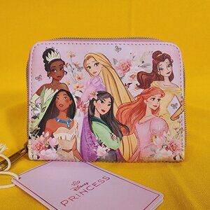 Loungefly Disney Princess Group Mulan Belle Ariel Tiana Pink Zip Wallet NEW
